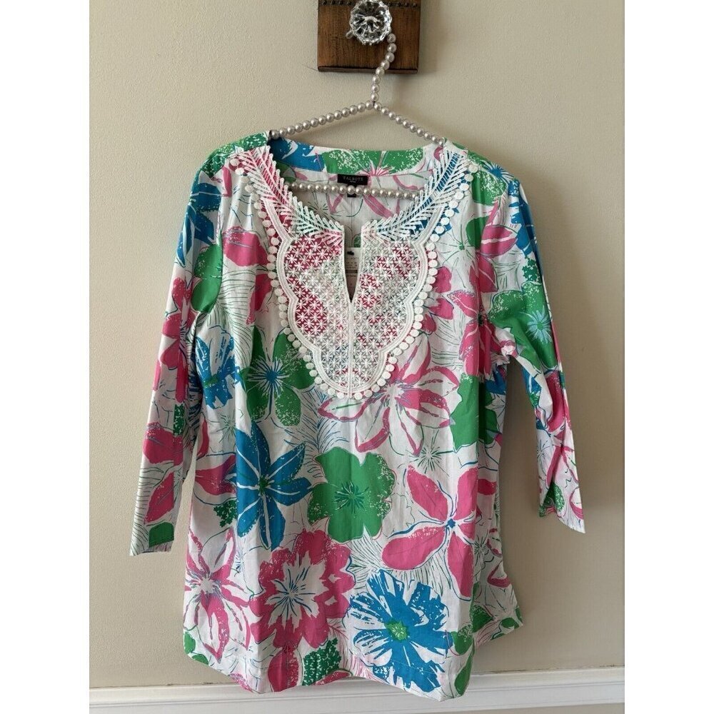 NWT Talbots Woman Size X Floral Print Lace Trim Tunic Top Blouse Pink Green Blue